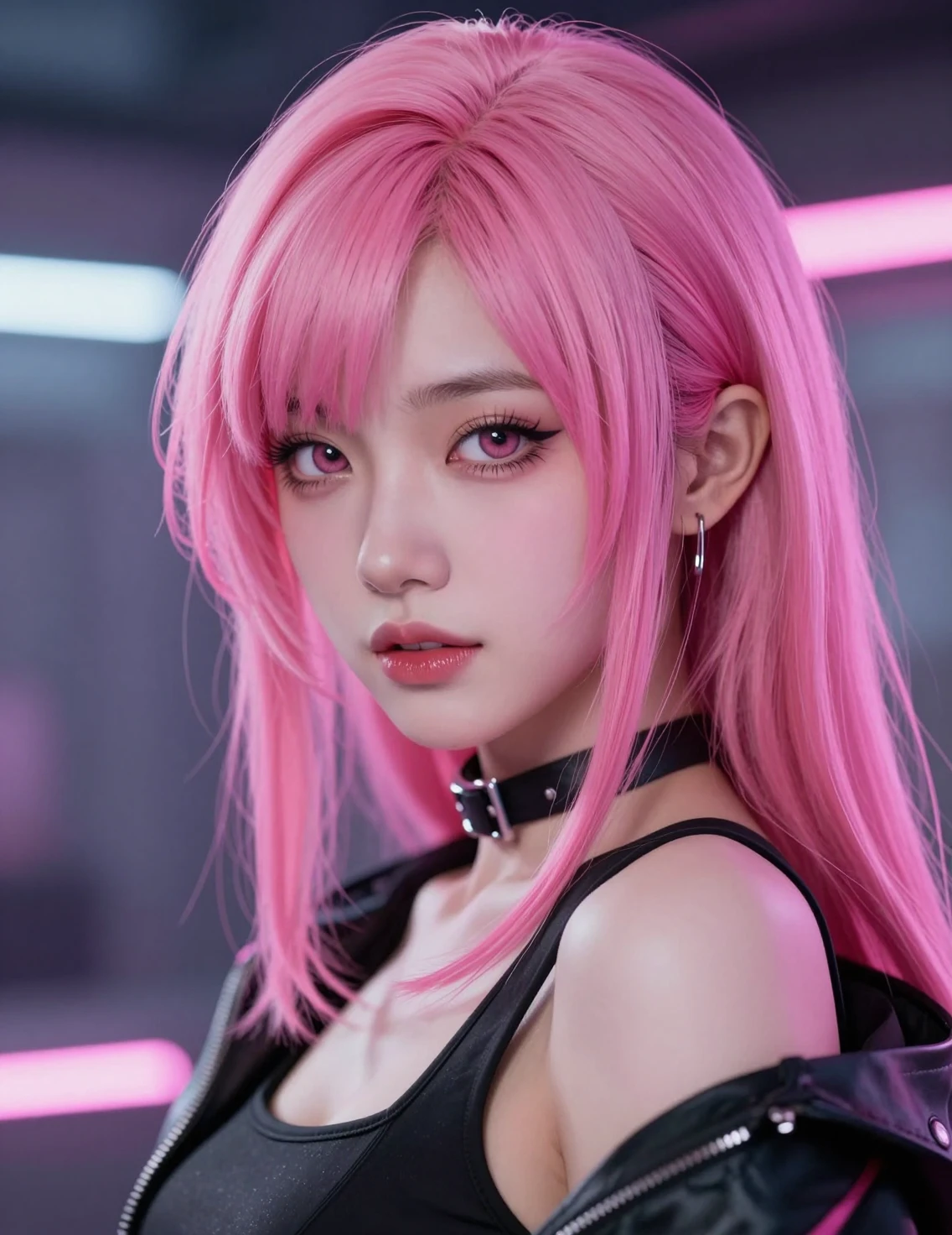 Cyberpunk-Mädchenporträt mit leuchtend pinken futuristischen Haaren