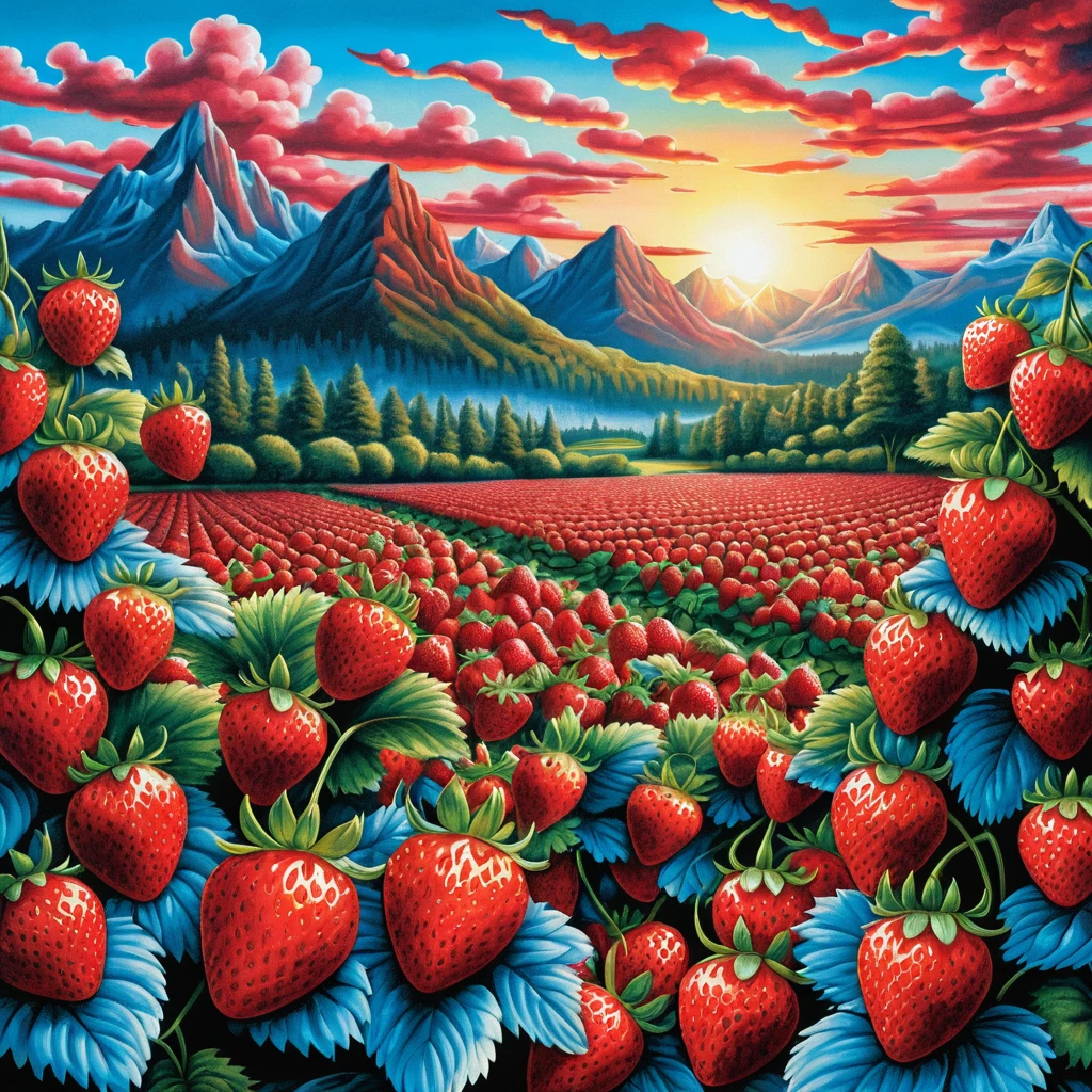 Campo Surreal de Fresas al Amanecer con Montañas a lo Lejos