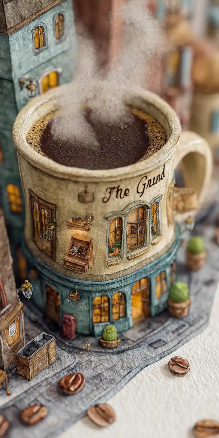Miniatur-Café-Diorama in einer Kaffeetasse im Aquarell-3D-Stil