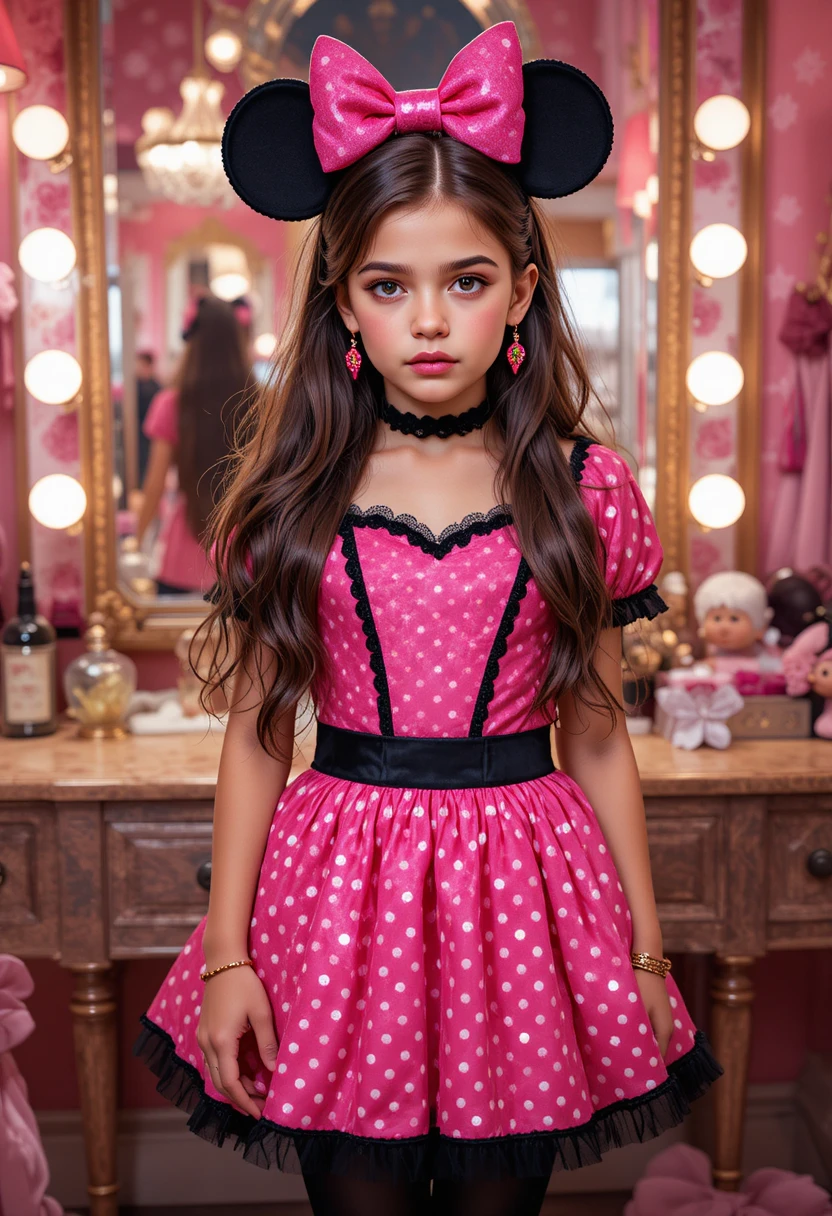 Niño preadolescente ansioso disfrazado de Minnie Mouse en boutique