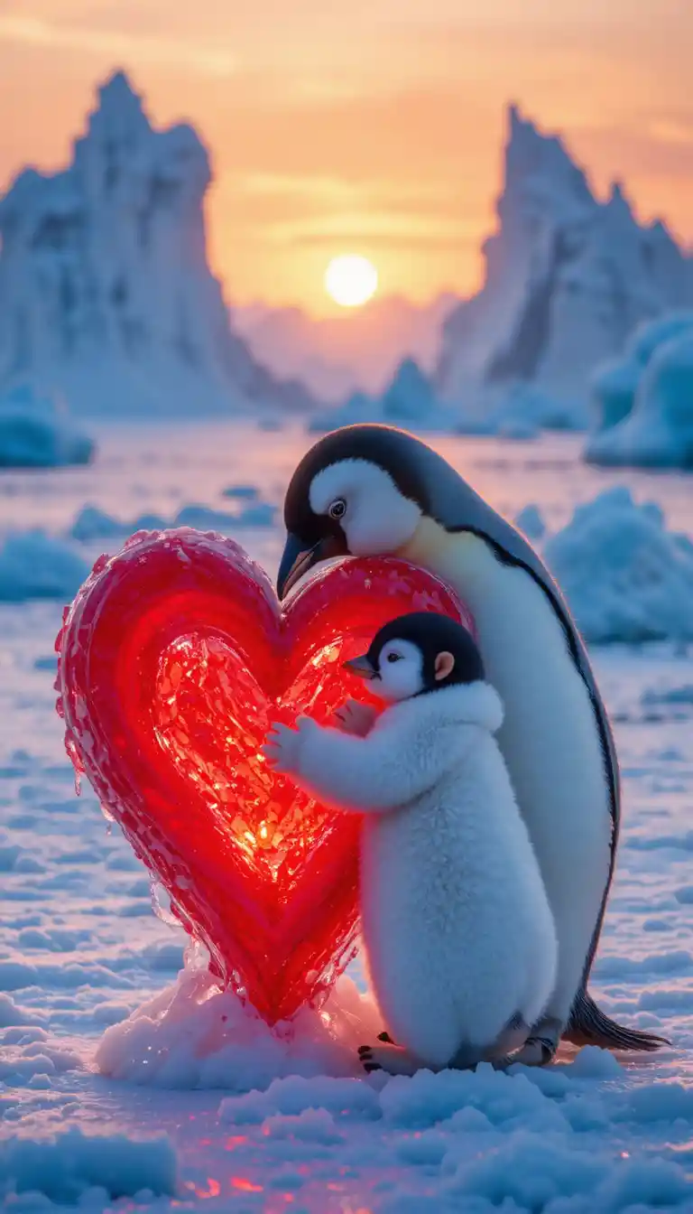 Penguin mother and chick hugging a red heart in sunset ice