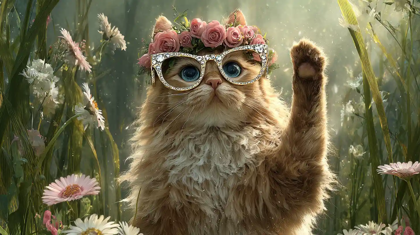 Fluffy flower crowned cat in a sunlit meadow