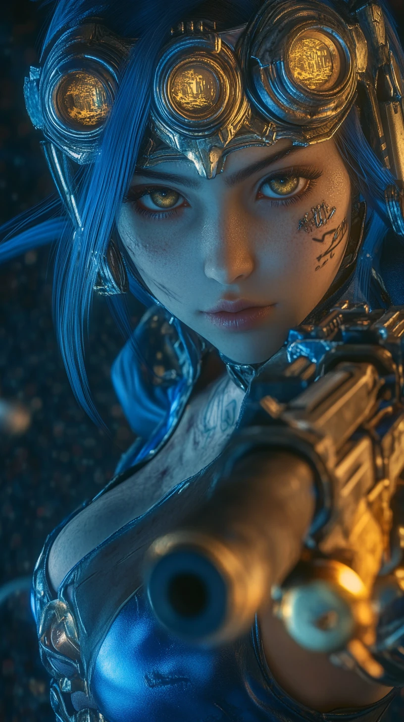 青いファンタジーアーマーを纏った傷だらけの女戦士とタトゥー