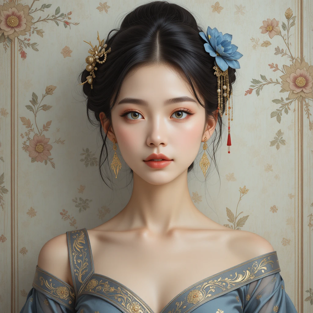 Jeune femme élégante avec ornement floral dans une illustration douce