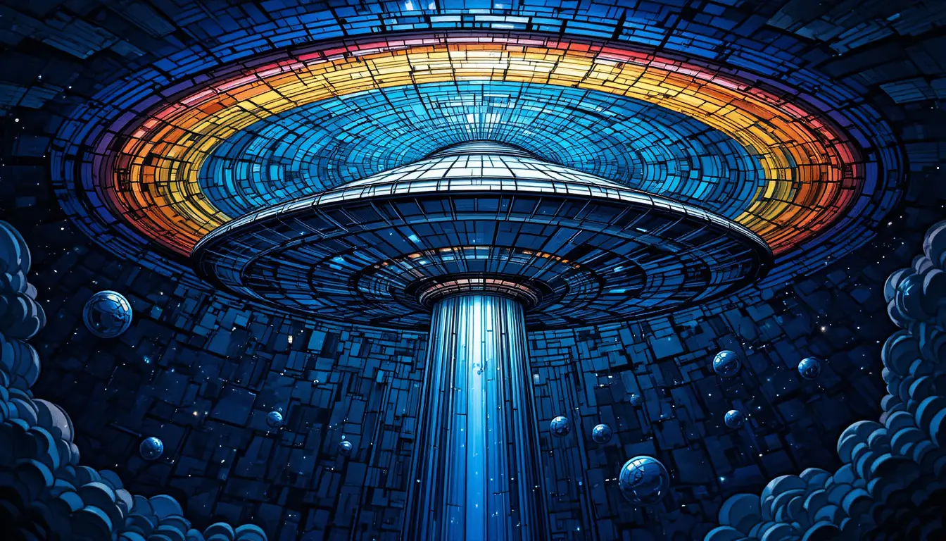 Futuristic stained glass UFO above swirling cosmic night sky