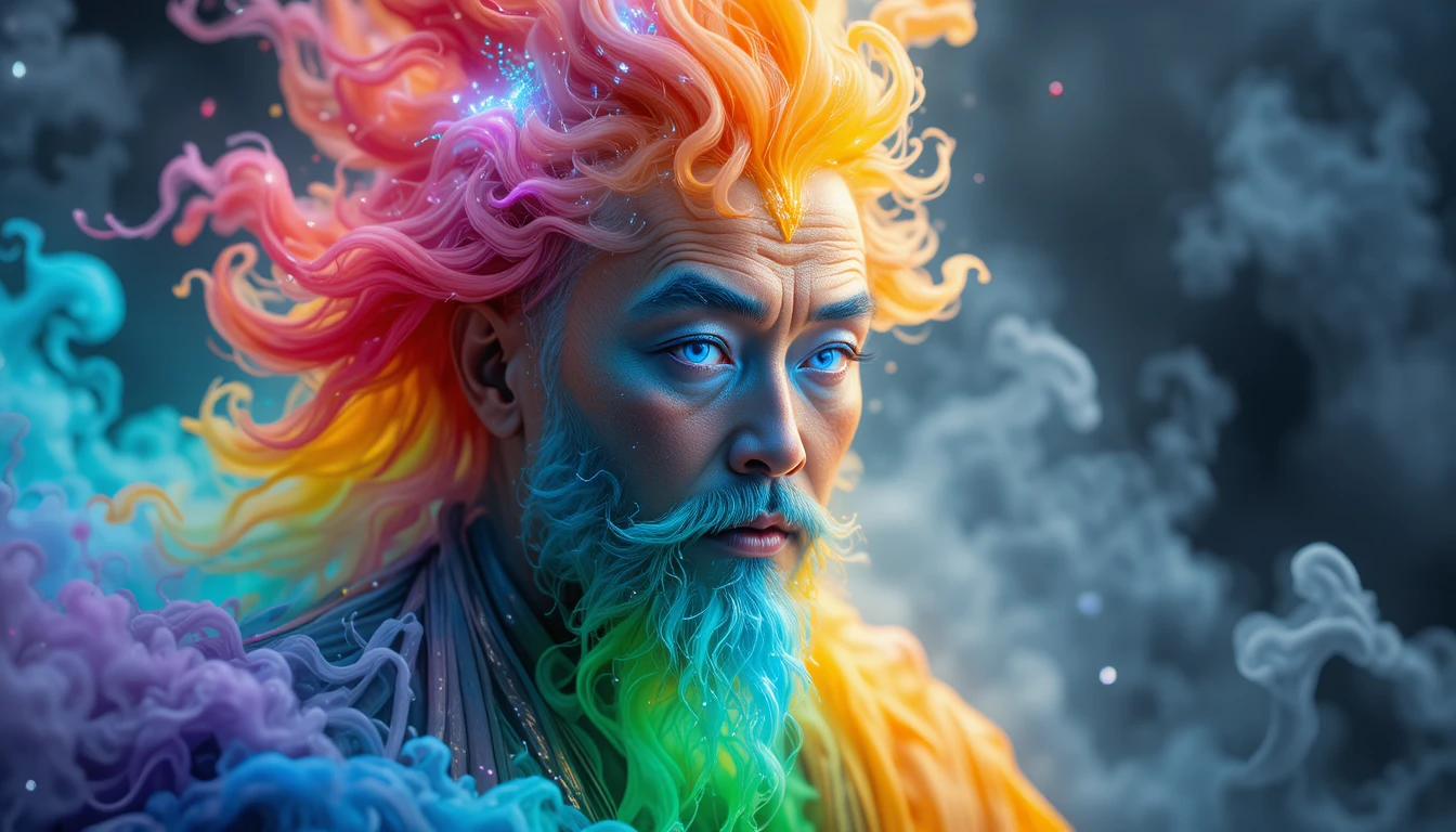 Rainbow smoke Chinese monk with glowing blue eyes