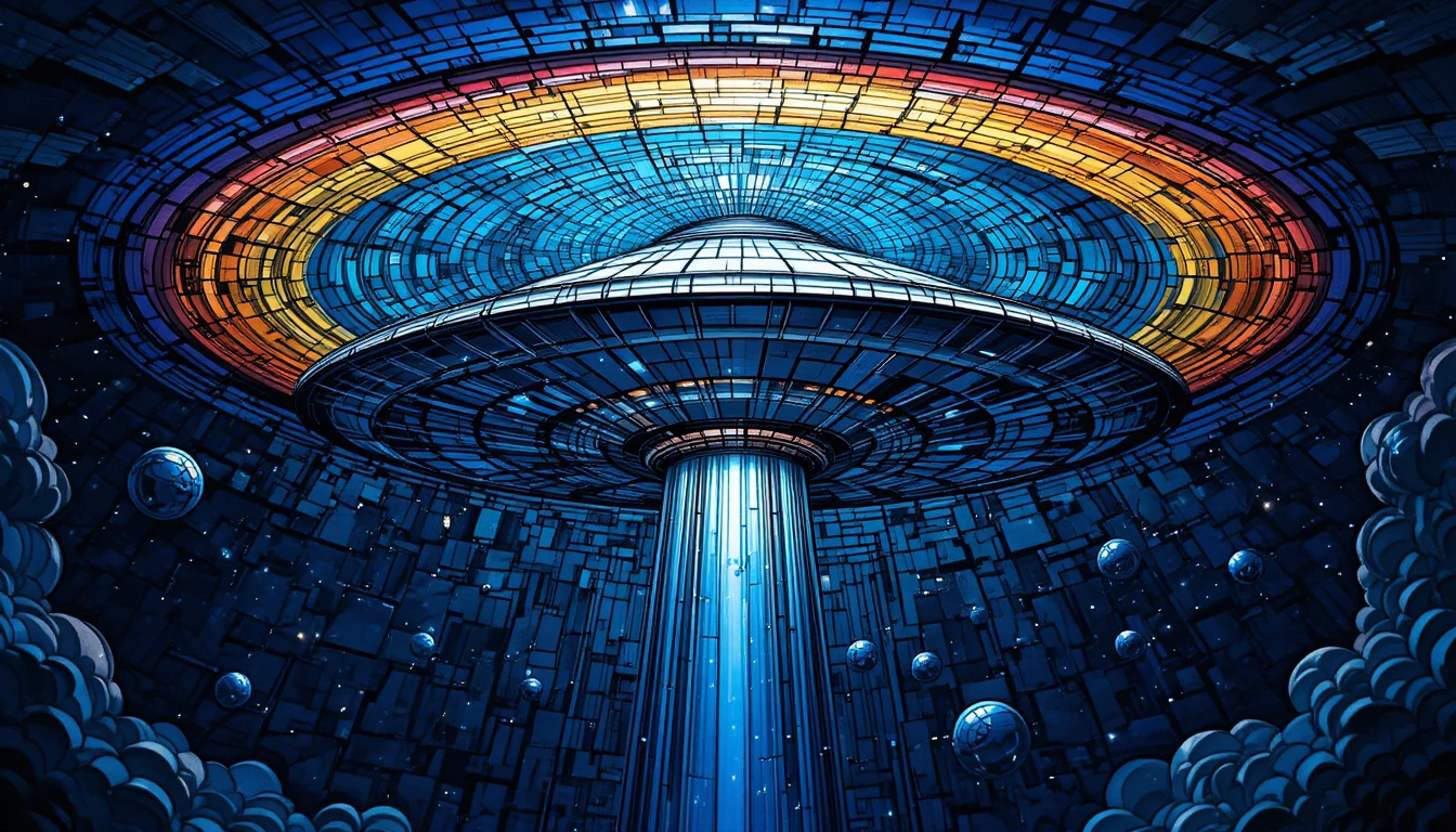未來感彩色玻璃飛碟懸浮在旋繞宇宙夜空之上