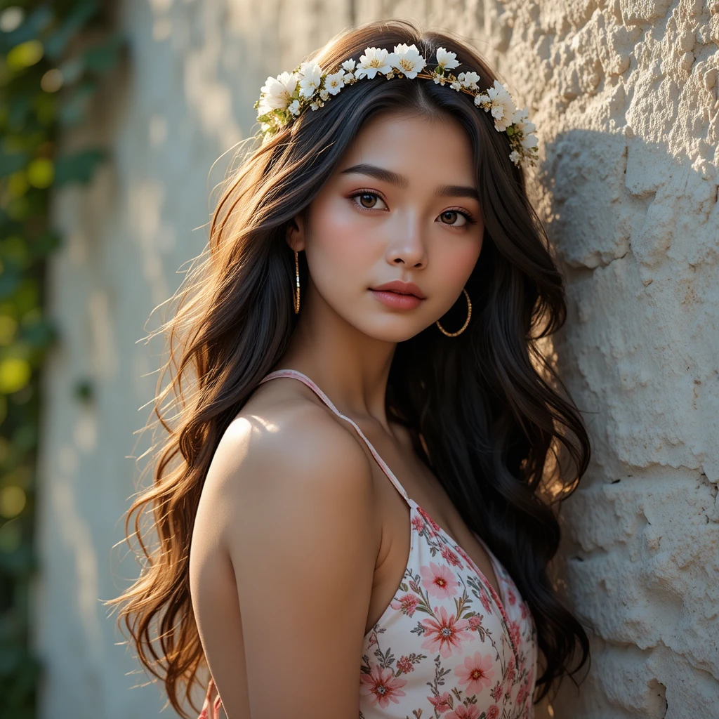 Bohemian girl in flower crown at golden hour portrait