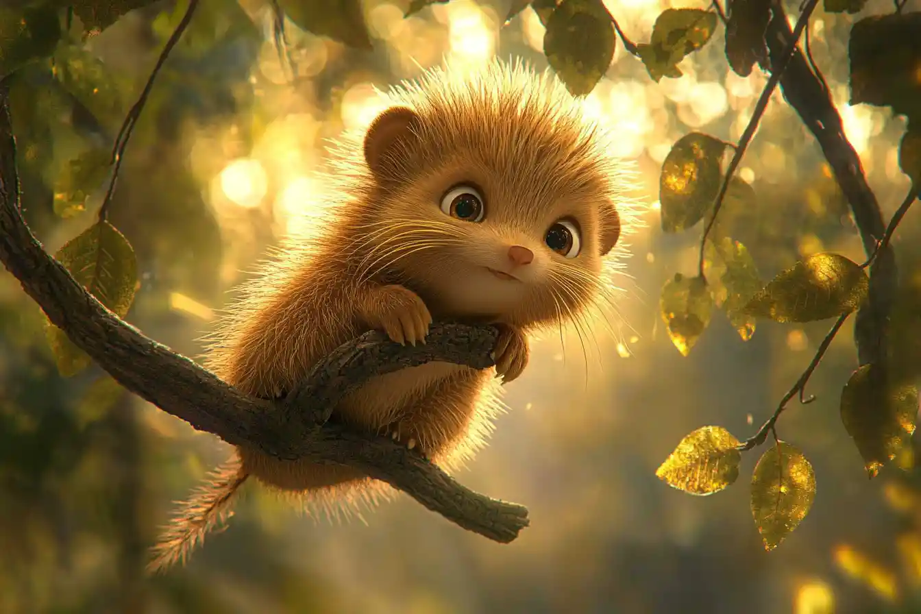 Baby porcupine on a branch in golden forest light