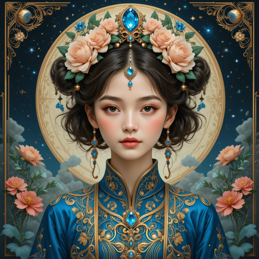 Young crowned figure in ornate art nouveau celestial portrait