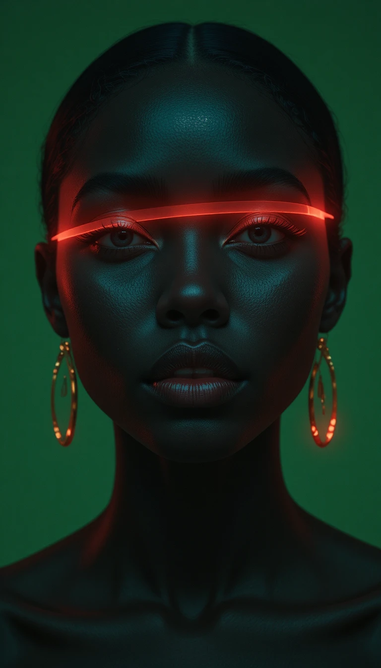 Afrofuturistisches Frauenporträt mit Neon-Glow vor grünem Hintergrund