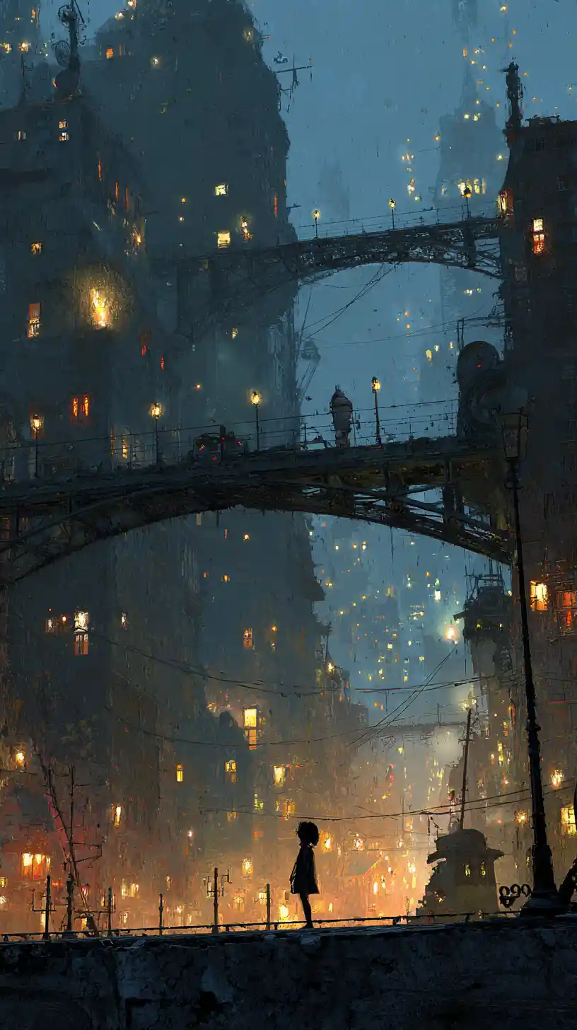 Steampunk cityscape with a lonely girl under streetlights