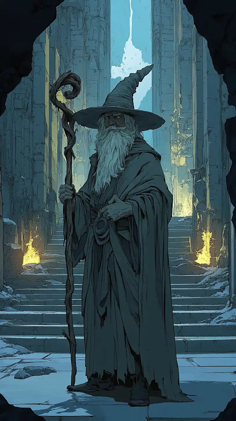 Elderly wizard in a vast stone temple interior