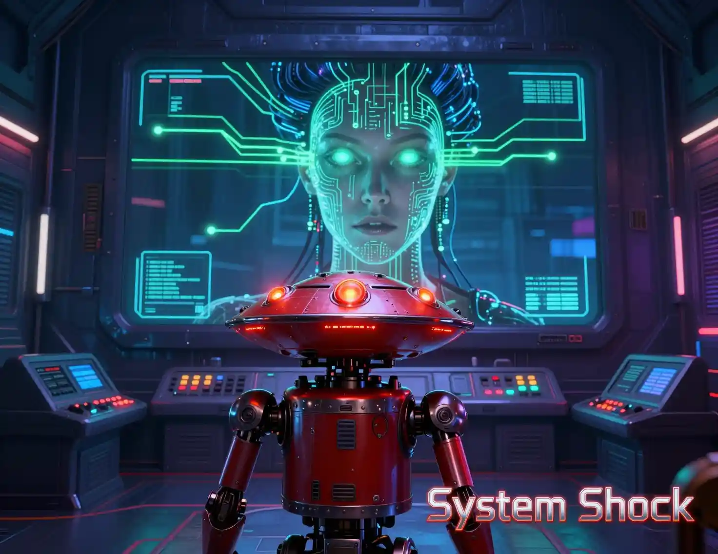 Futuristic robot facing ominous cyborg face in control room