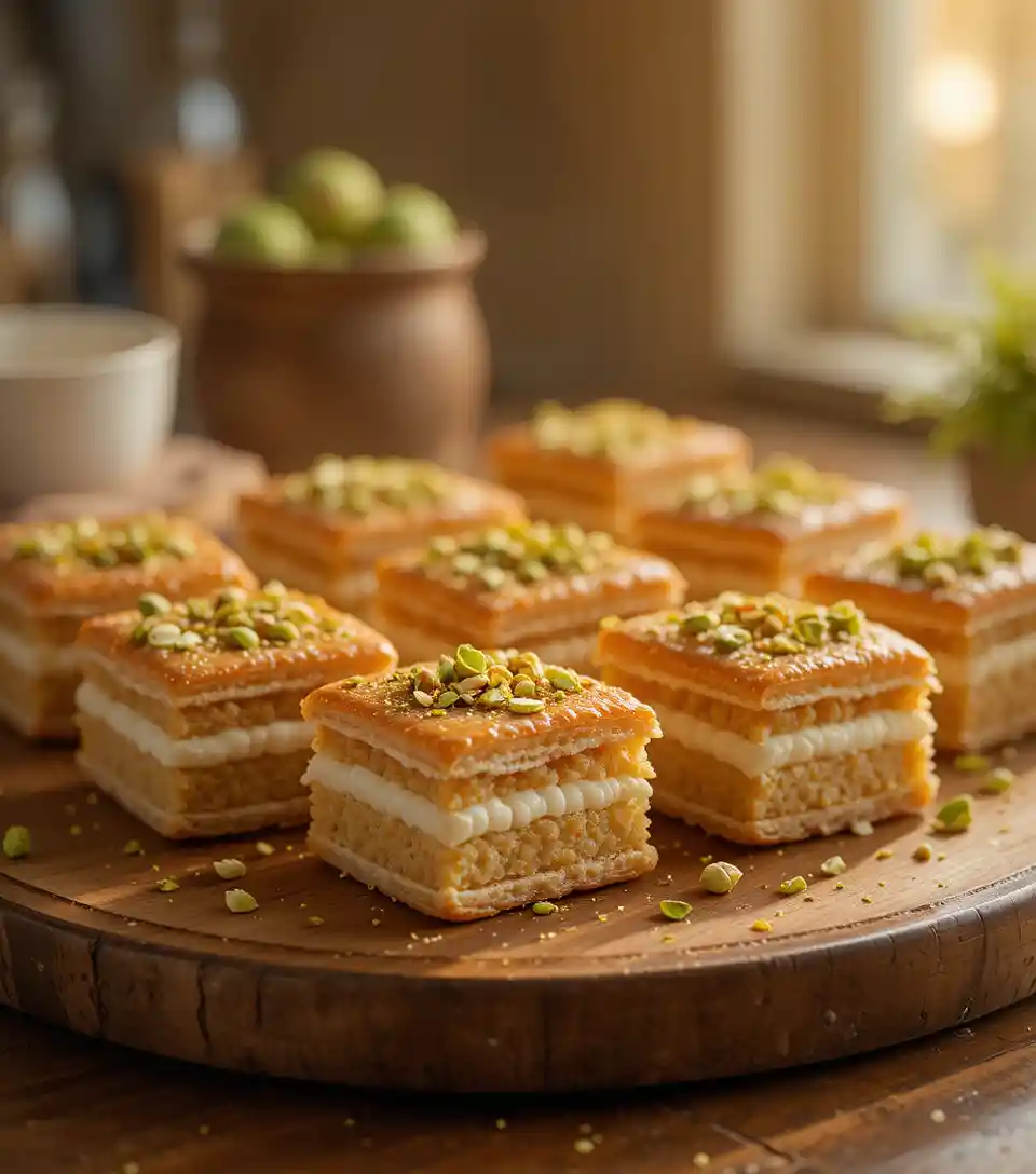 Close up of square pistachio pastries on wooden platter