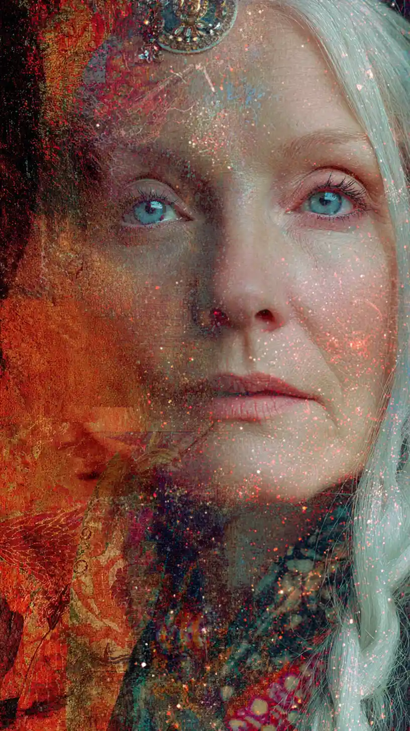 Surreal portrait of an aging bohemian woman in warm hues