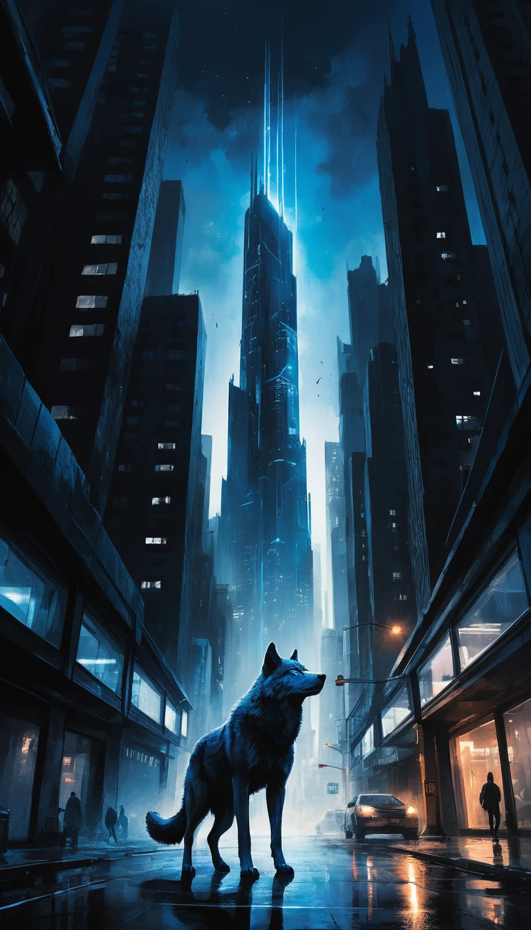 Futuristic city skyscraper with glowing wolf shaped neon light