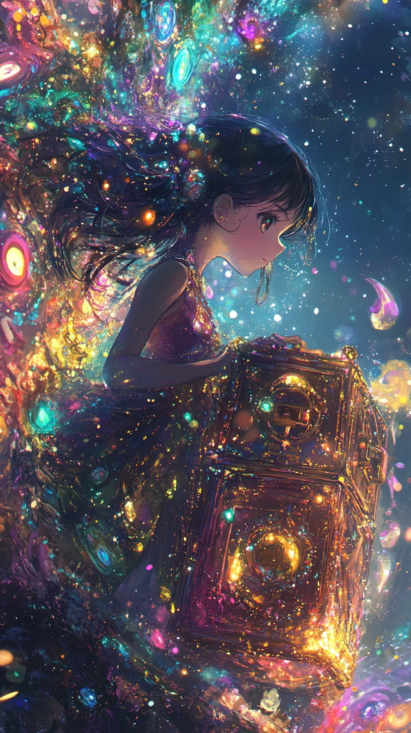 Anime girl dancing in a glowing fantasy treasure realm