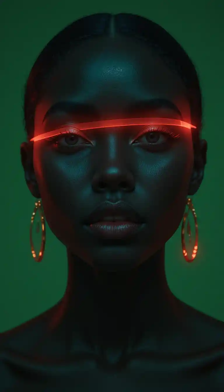 Afrofuturistisches Frauenporträt mit Neon-Glow vor grünem Hintergrund