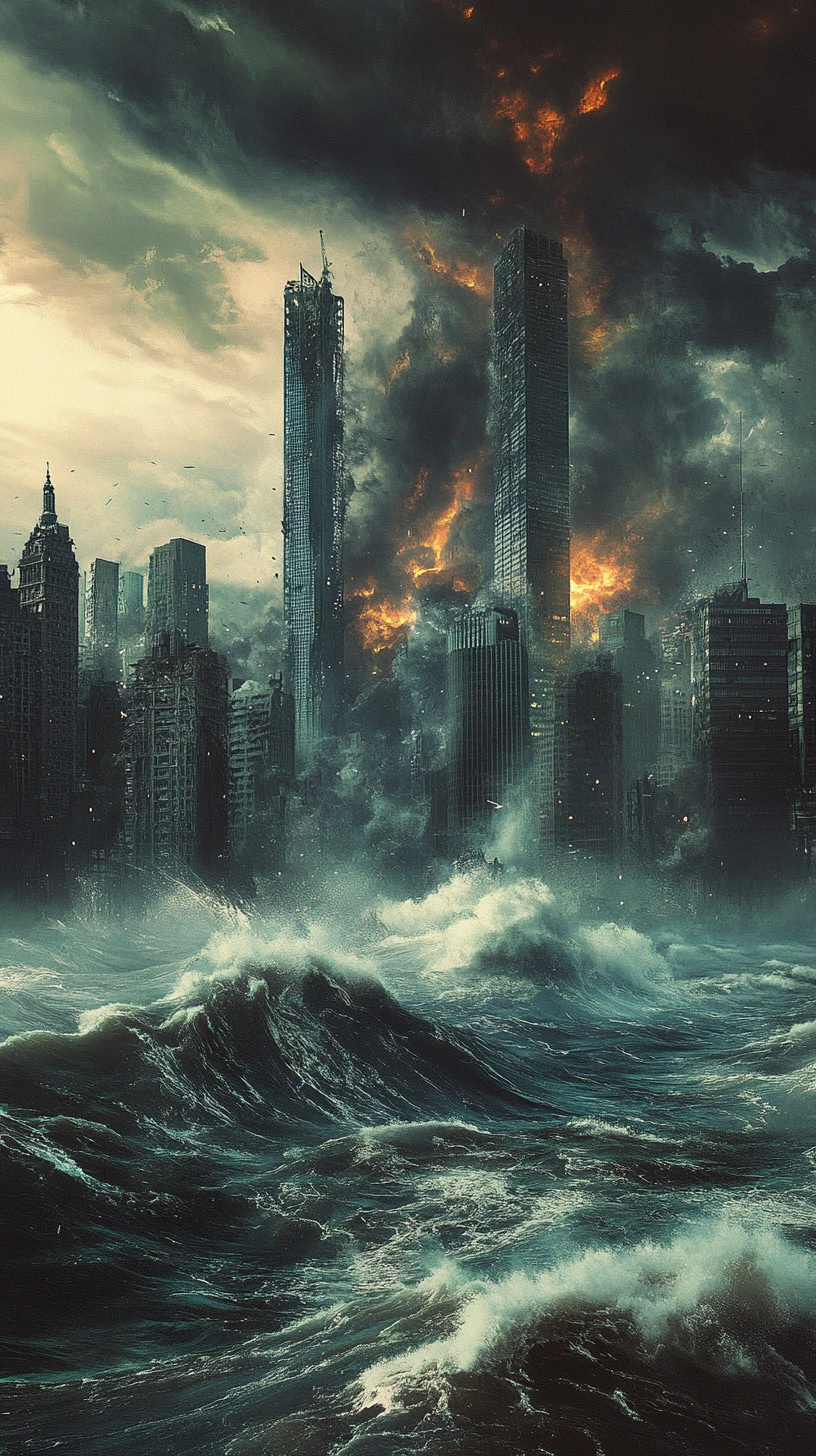 Skyline cittadino apocalittico inghiottito da gigantesche onde di tempesta