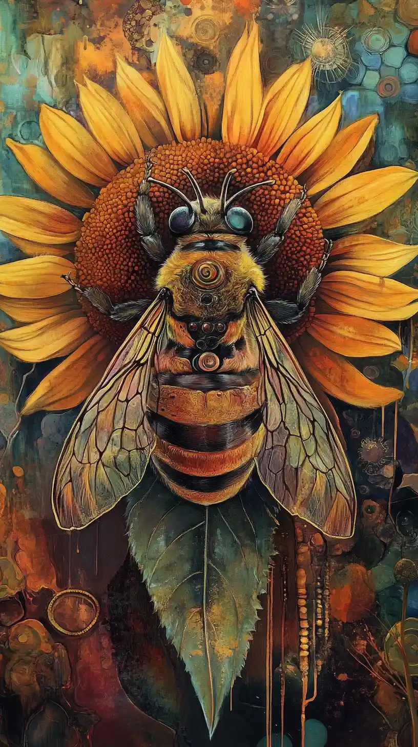 Surreal insect on sunflower in psychedelic abstract colors