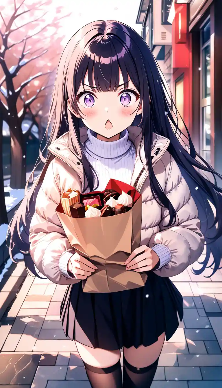 Anime girl holding a paper bag of chocolates outdoors