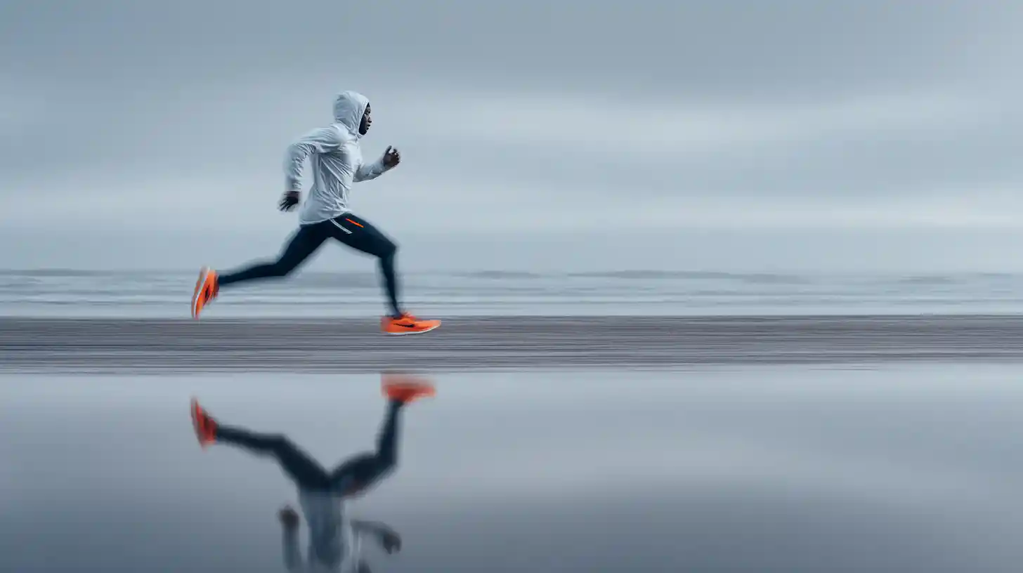 Runner che sprinta su superficie riflettente in spazio minimale