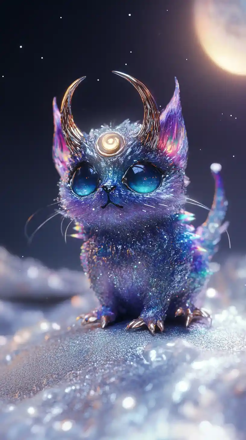 Cosmic horned creature on crescent moon with knowing gaze