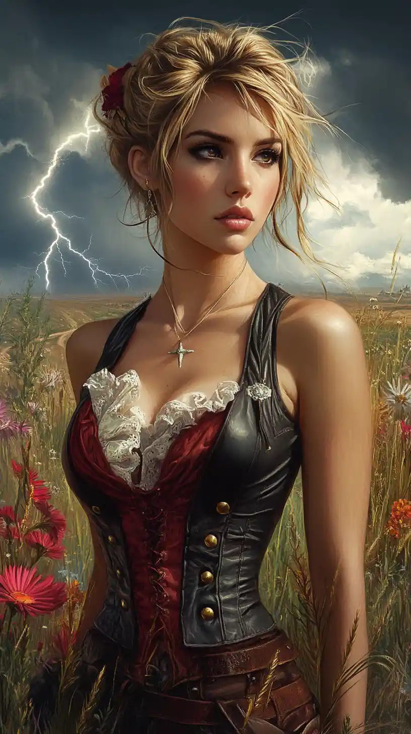 Young blonde woman on a stormy prairie with lightning