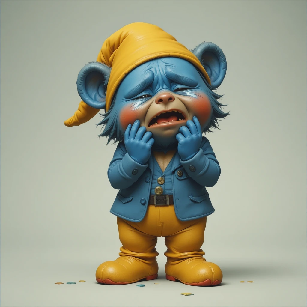 Pequeño oso azul con traje llorando con una gorra amarilla