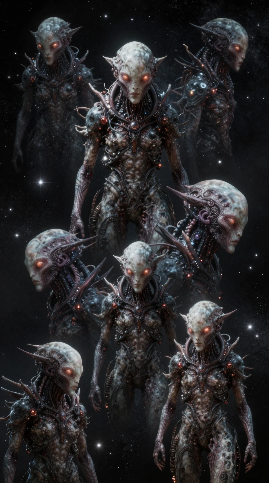 Alienígena cyberpunk surreal en una visión celeste de fantasía oscura
