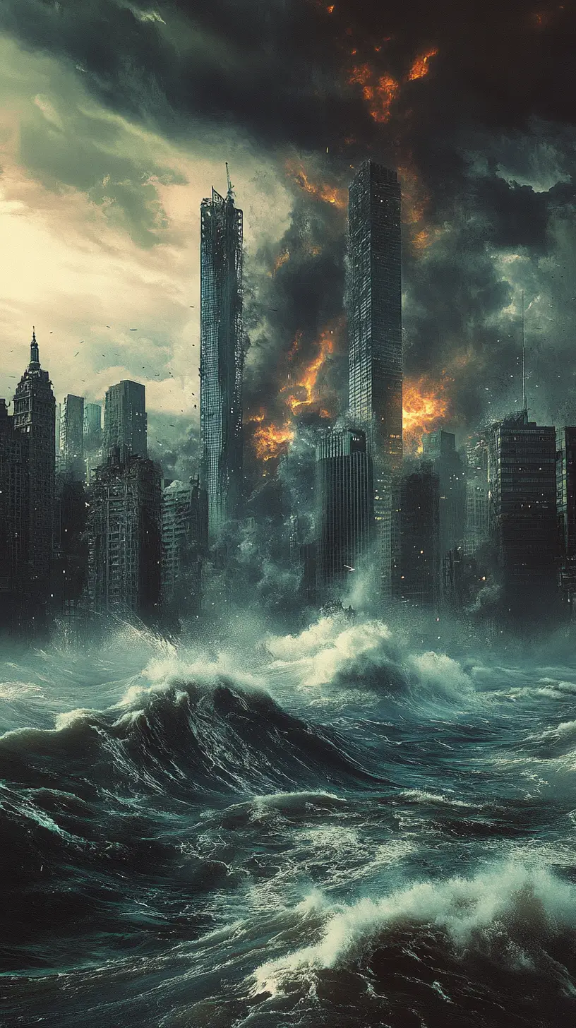 Apocalyptic city skyline engulfed by massive storm waves