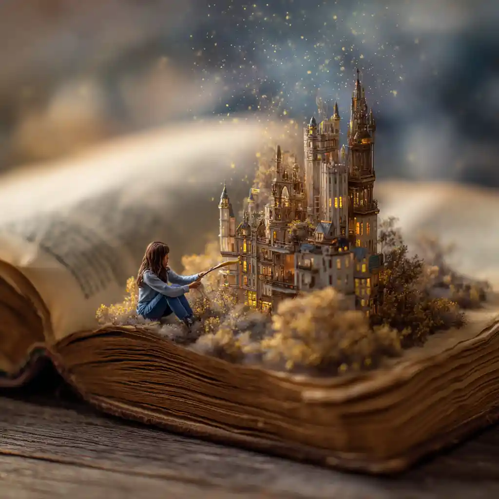 Tiny woman crafting a surreal diorama on a giant book