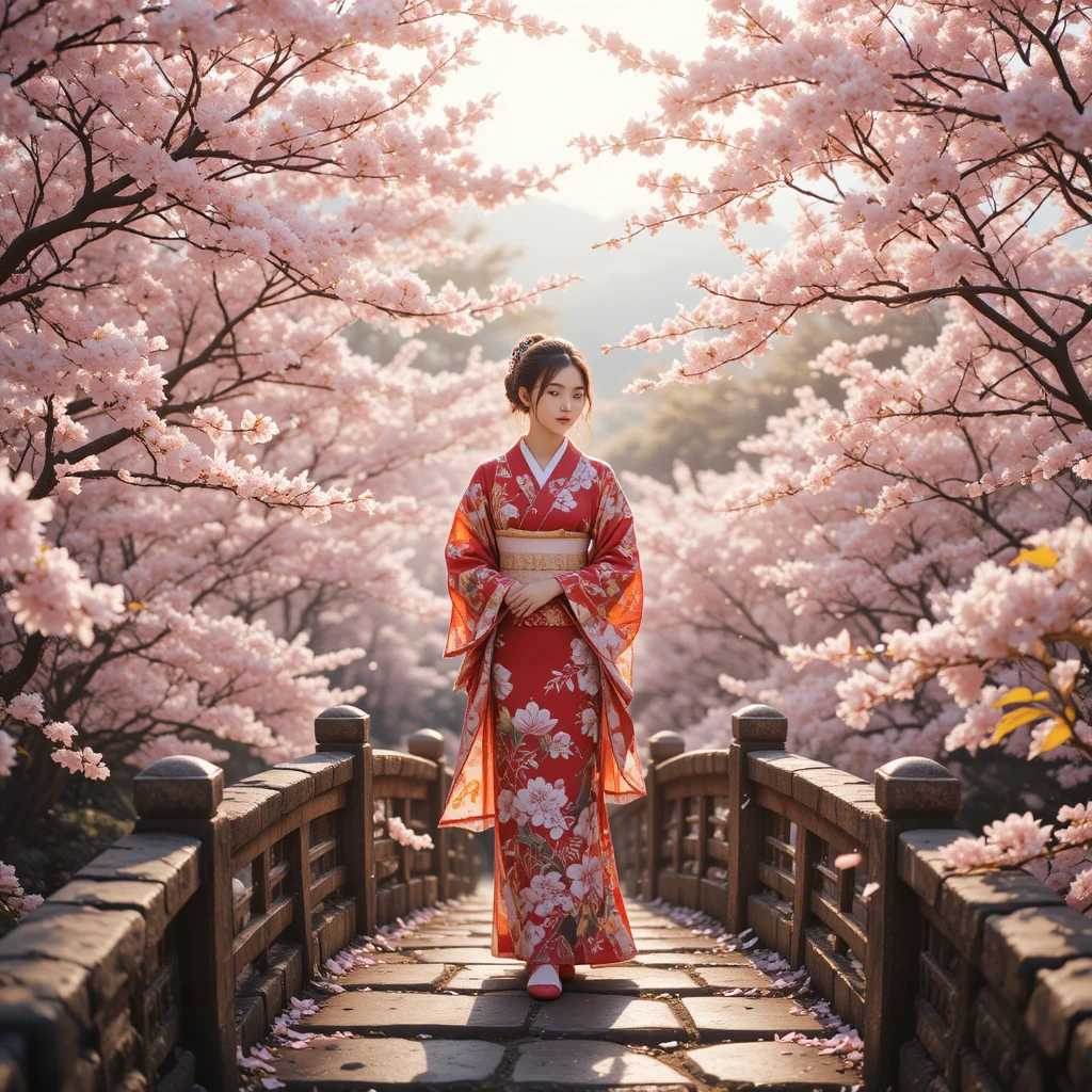 Japanese woman in kimono on a bridge with cherry blossoms