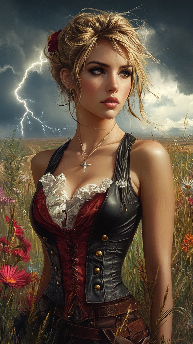 Young blonde woman on a stormy prairie with lightning
