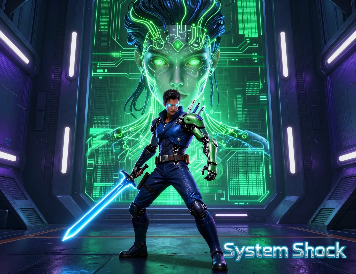 Cyborg warrior with energy sword in neon sci fi corridor