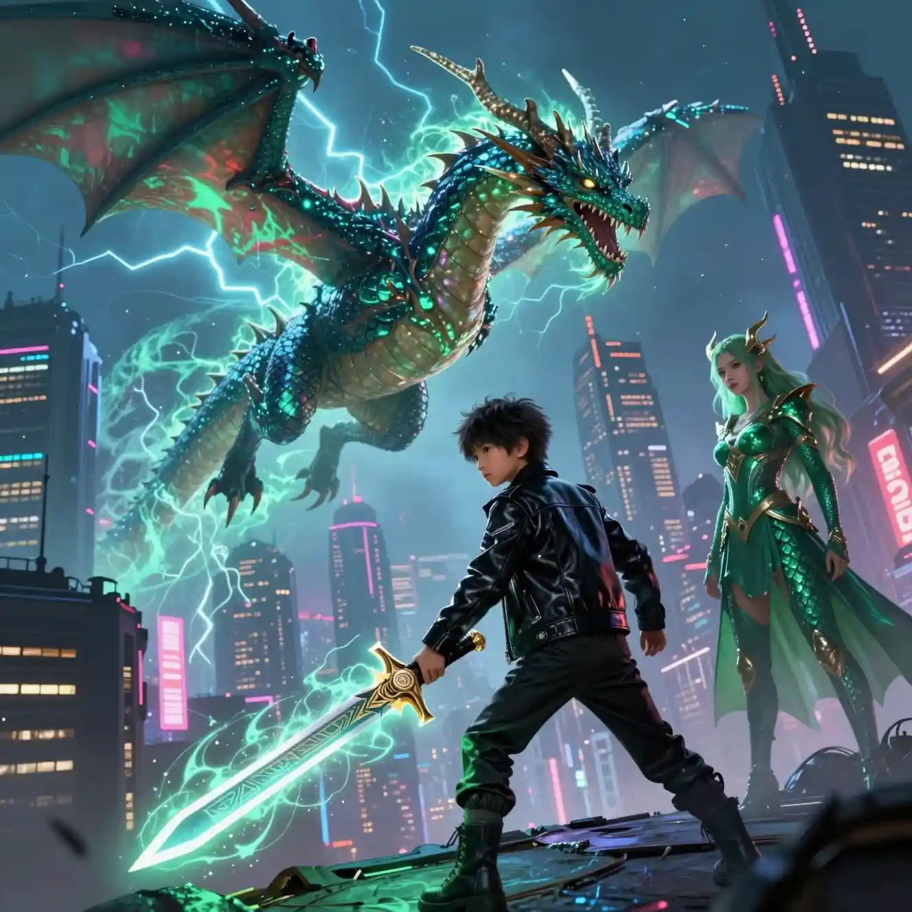 Futuristischer Drache über der Neon-Cyberpunk-Stadtsilhouette