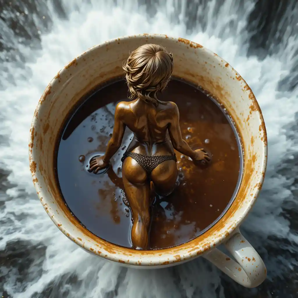 Bronze woman statue in coffee cup above a waterfall