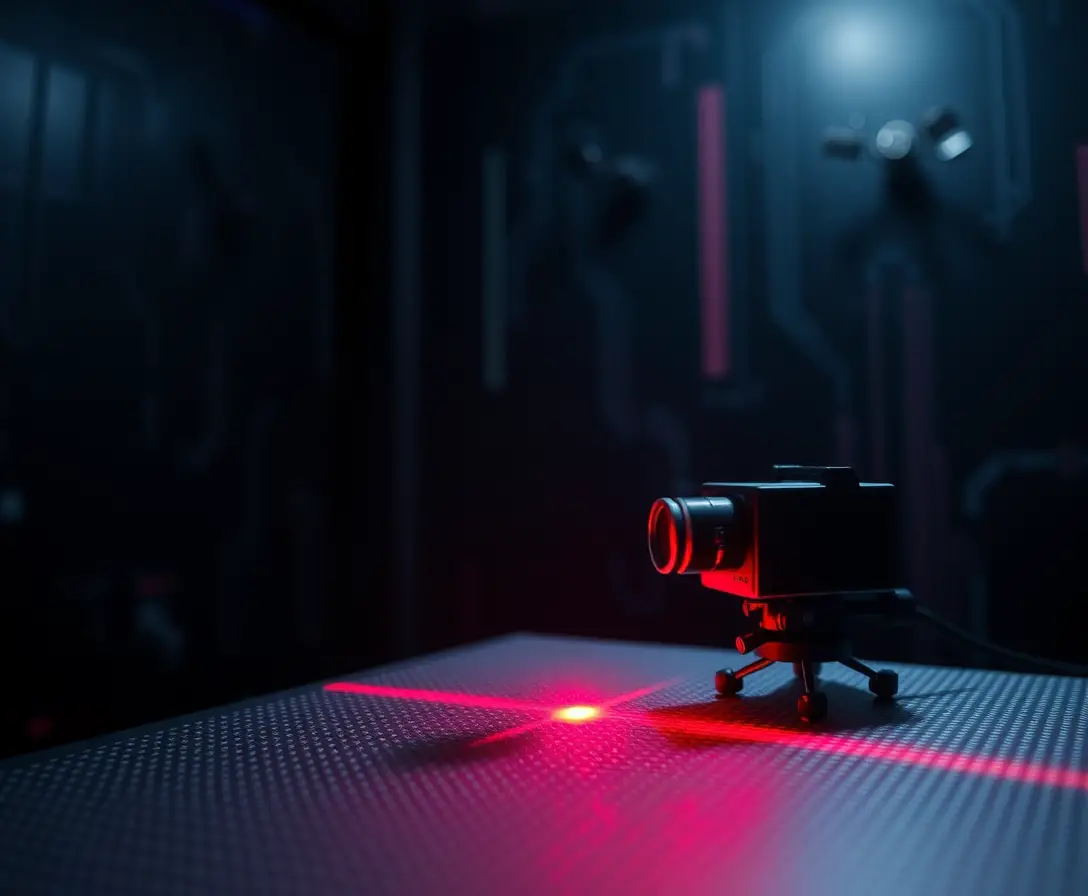Miniature laser scanner with red beam on textured surface