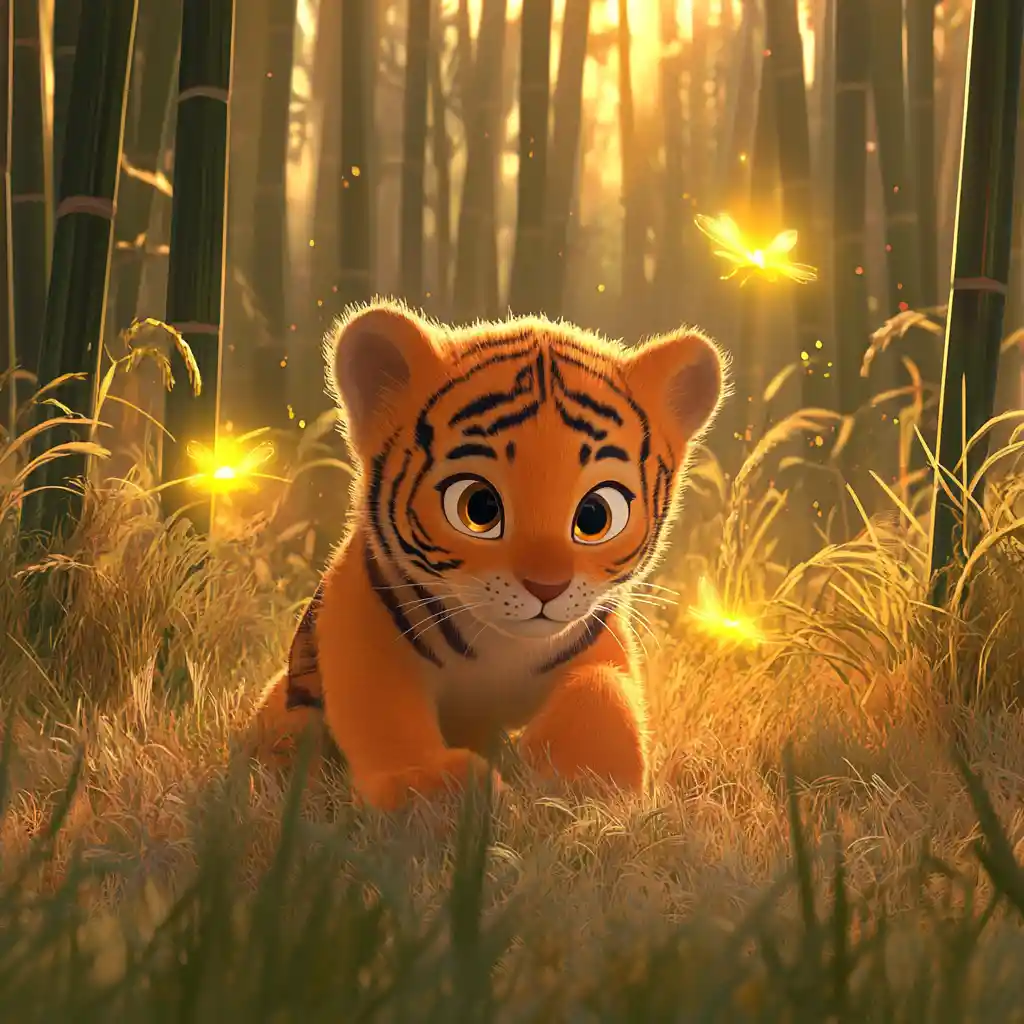 Playful tiger cub with glowing fireflies in bamboo