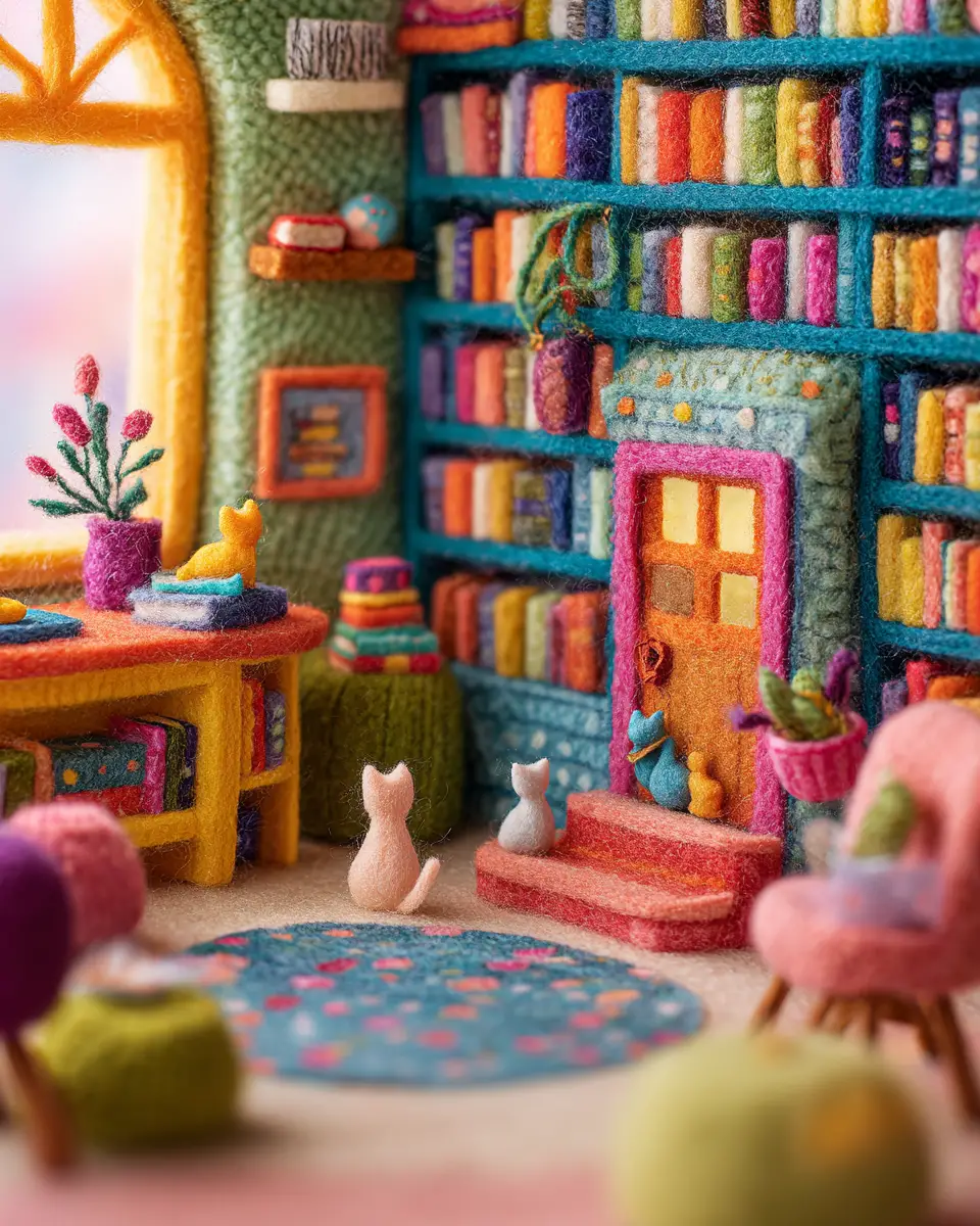 Colorful Felt Bookstore Interior With Hidden Cats