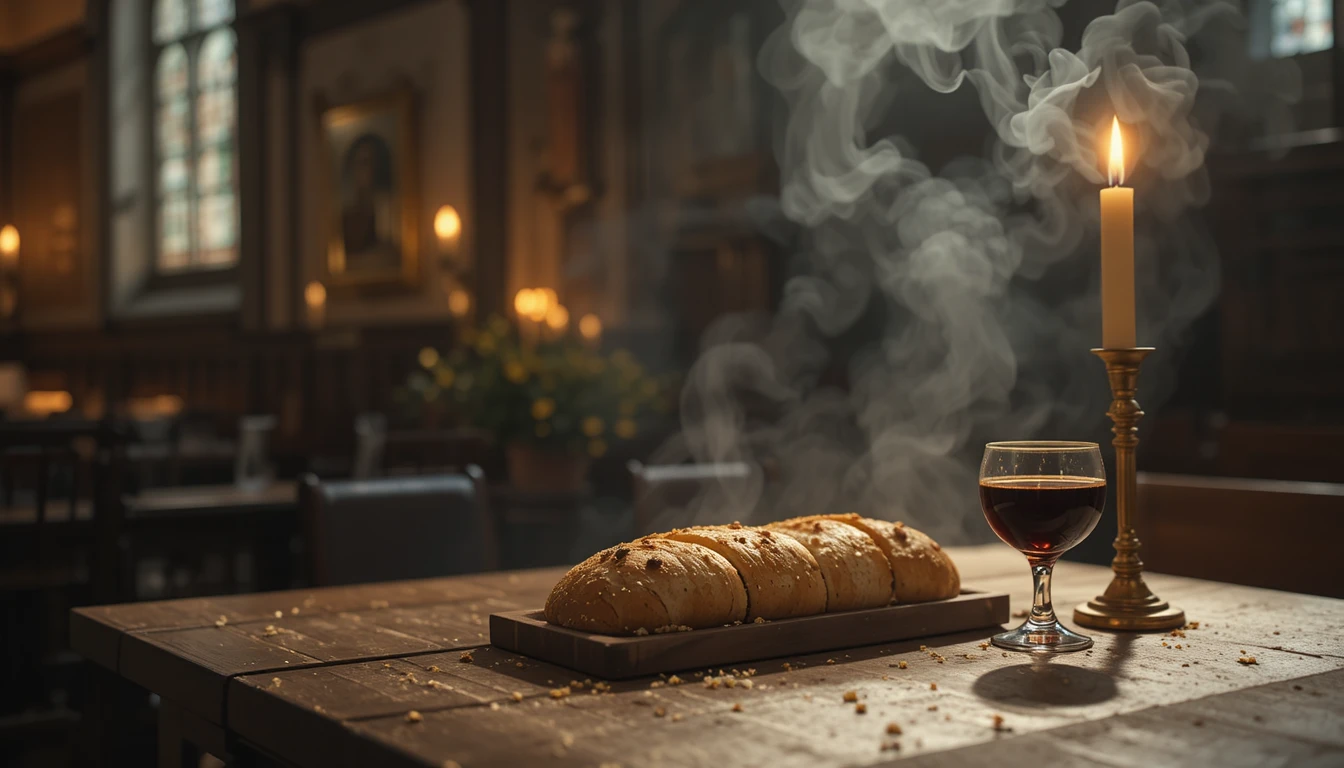 Pan y vino sobre un altar de madera en una iglesia iluminada por velas
