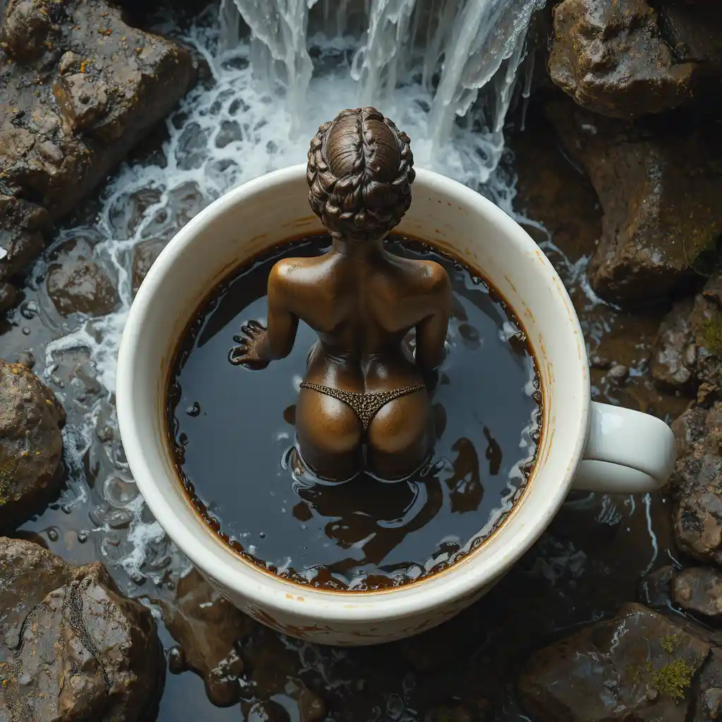 Estatua de mujer de bronce en una taza de café dentro de una cascada
