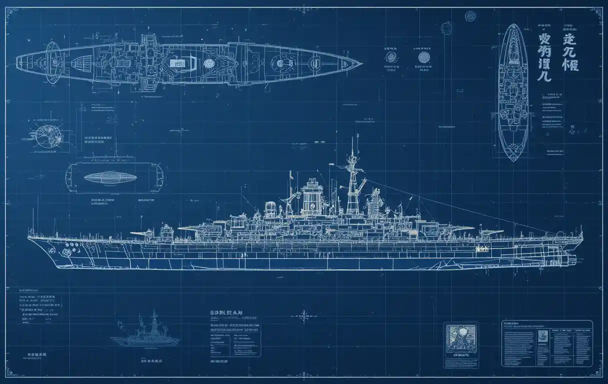 Blueprint illustration of the Japanese battleship Yamato in detail