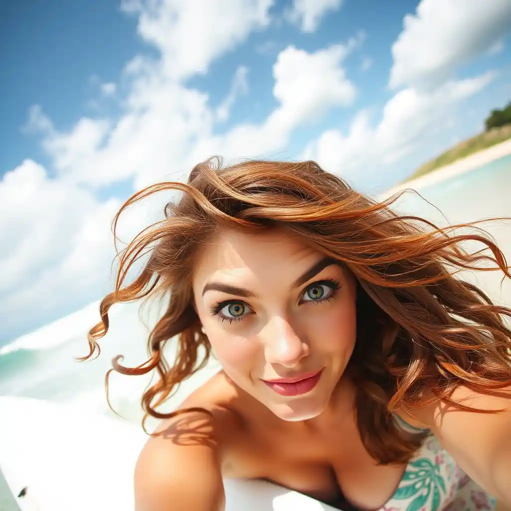 Playful auburn haired woman taking surfing beach selfie