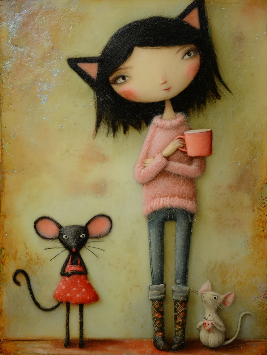 Slim pirate cat lady having breakfast with mouse friend
