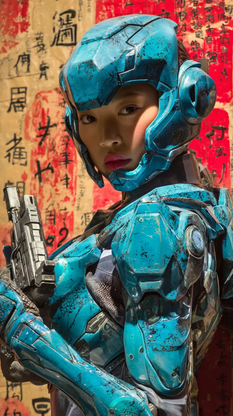 Donna asiatica sci-fi in armatura turchese che mira con arma futuristica