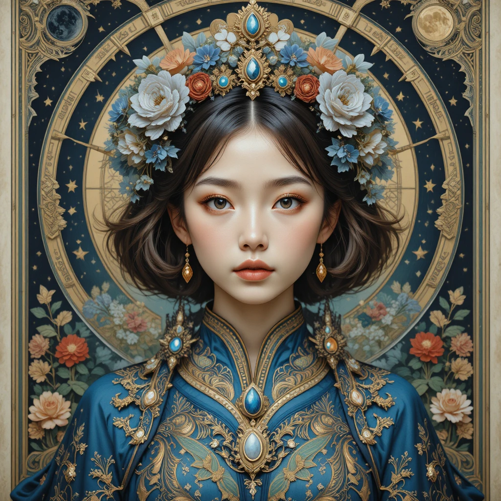 Youthful portrait with floral crown and celestial background