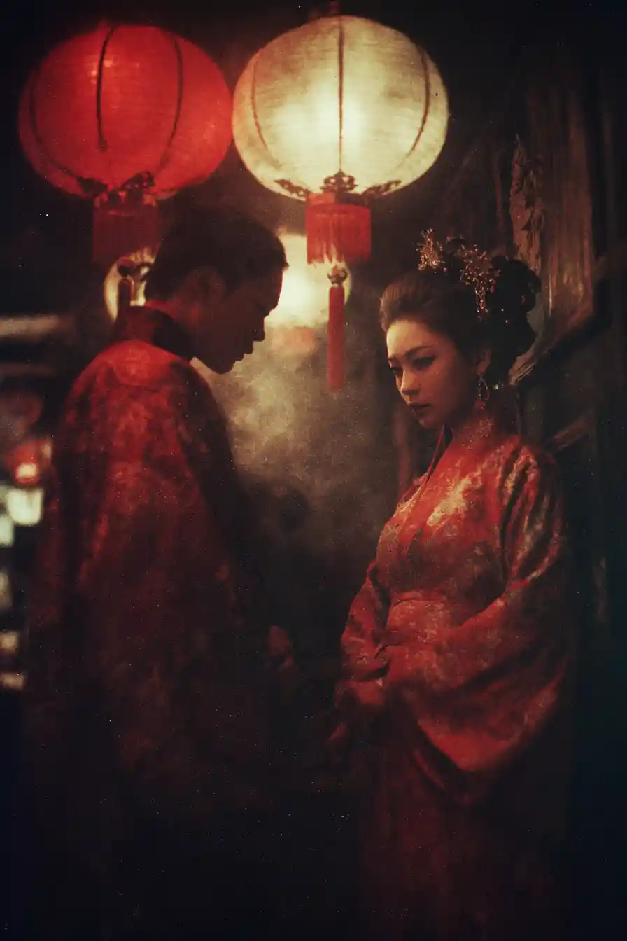 Traditional Chinese bride in red silk under glowing lanterns