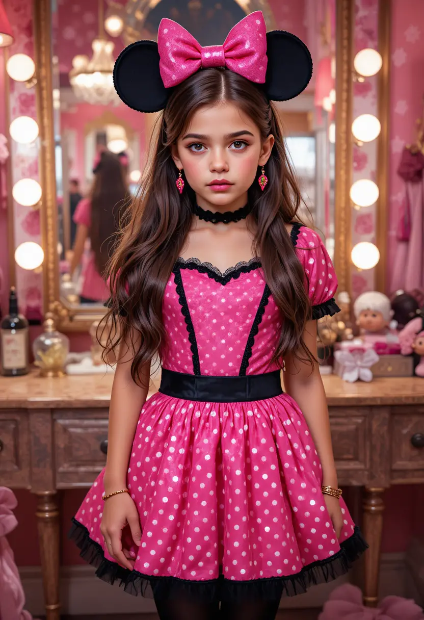 Anxious tween boy dressed as Minnie Mouse in boutique